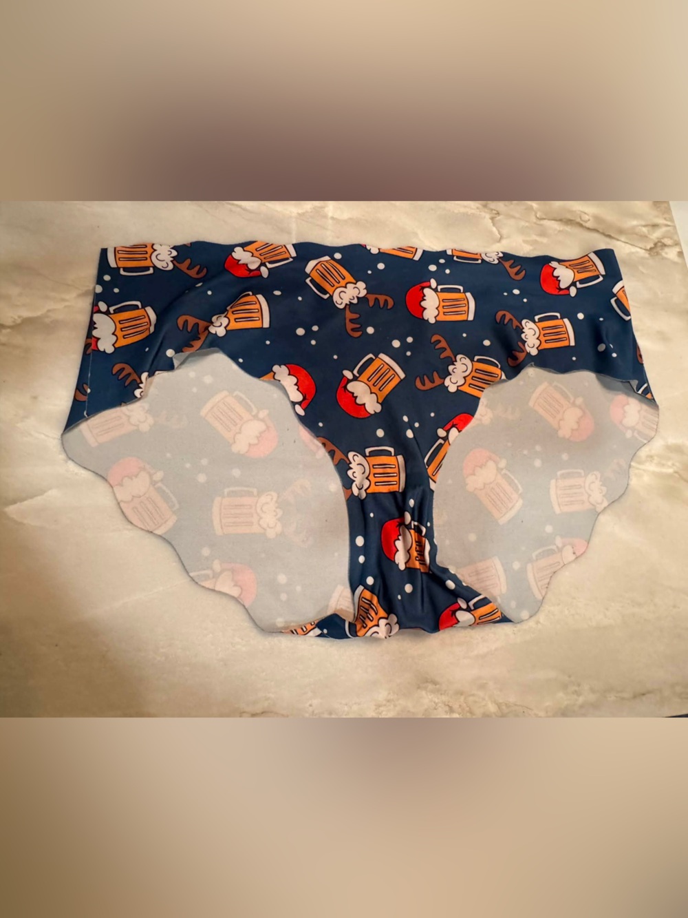 Women's Navy Seamless Briefs with Festive Mug Print silk like size XL